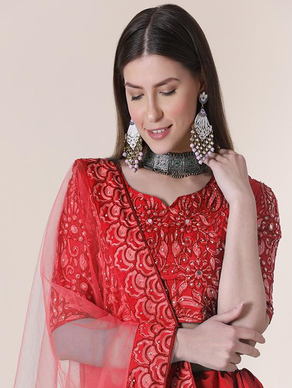 red art silk flared lehenga - 18346602 - Zoom Image - 3