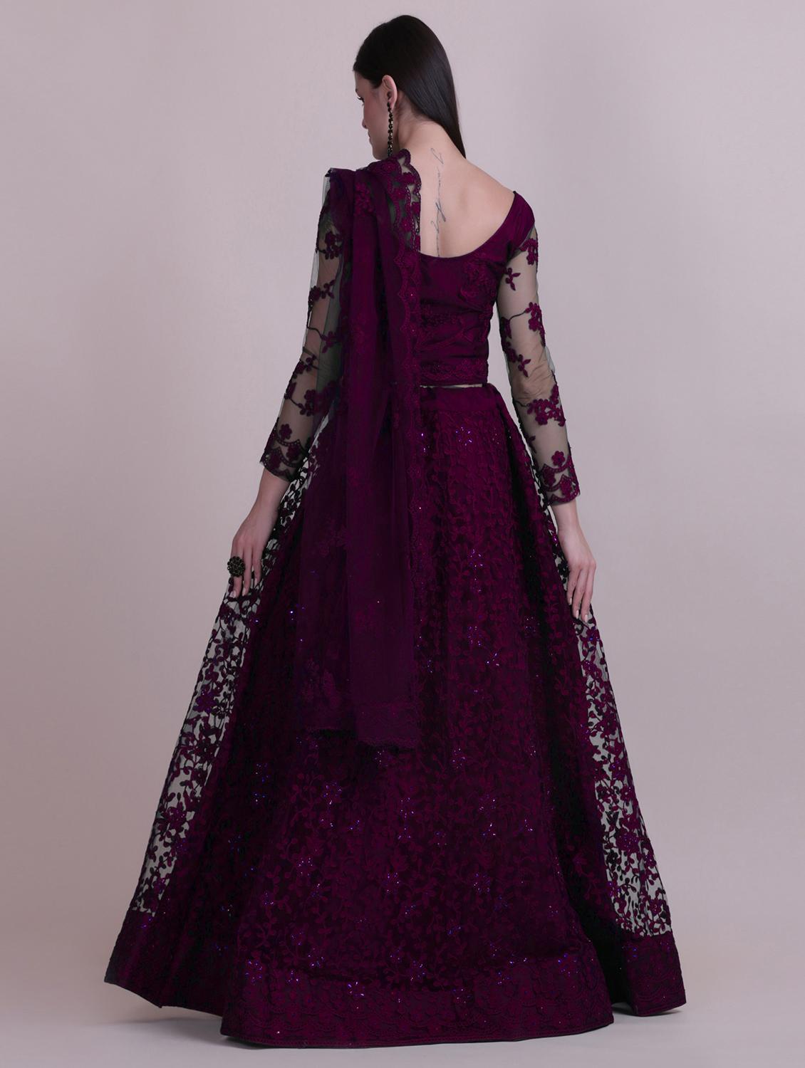 burgundy net flared lehenga - 18346606 - Standard Image - 2