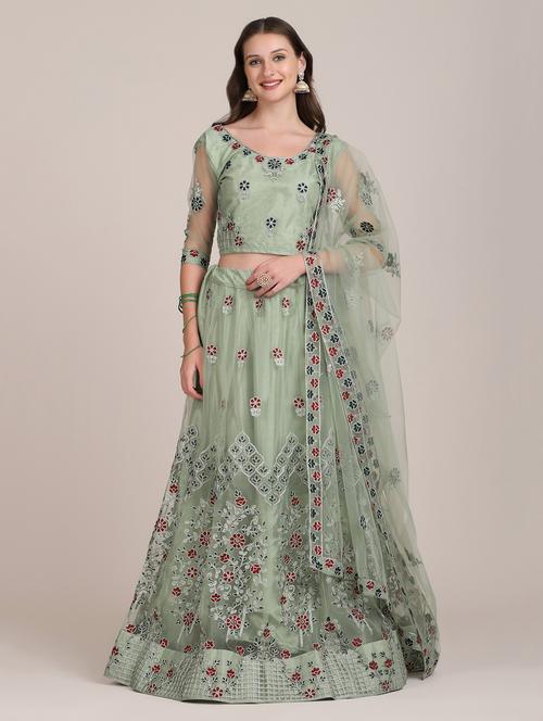 green embroidered flared lehenga - 18346654 - Very Small Image - 1