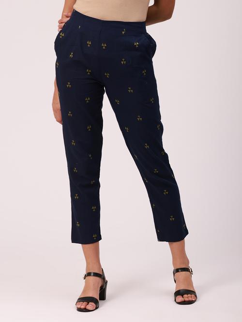 Navy Blue Solid Cigarette Pants Trouser - 18349128 - Very Small Image - 1