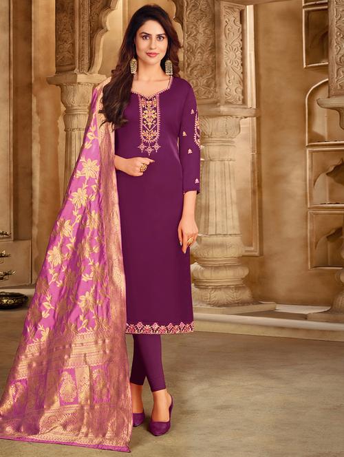 self design semi-stitched suit set - 18349354 - Very Small Image - 1