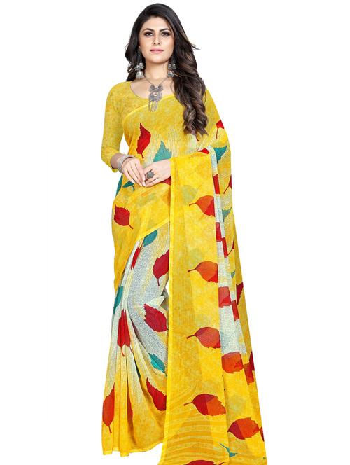 yellow chiffon printed saree with blouse - 18351184 - Very Small Image - 1