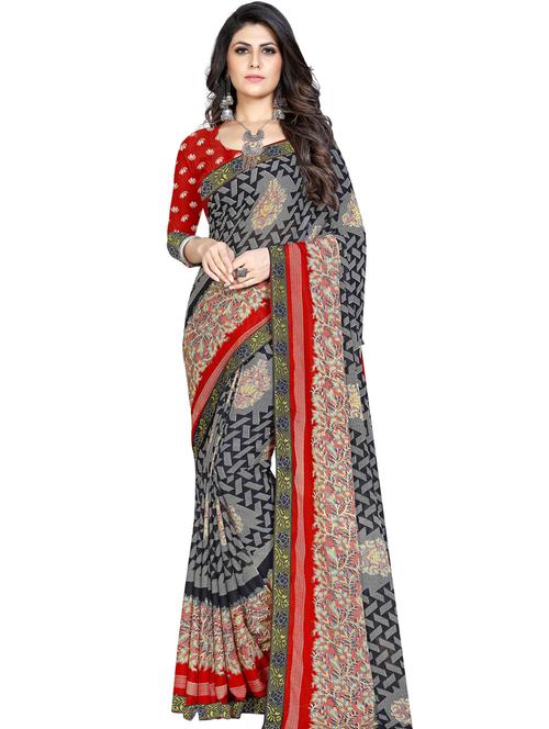 black georgette printed saree with blouse - 18351411 - Very Small Image - 1