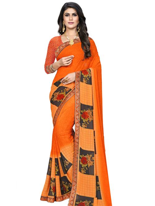 women's floral orange colored saree - 18351653 - Very Small Image - 1