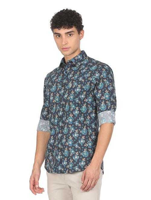 blue floral print casual shirt - 18352083 - Very Small Image - 1