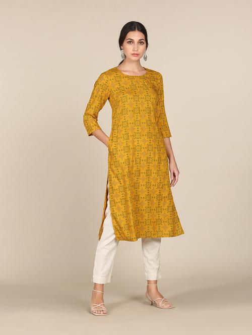 yellow rayon straight kurta - 18353074 - Very Small Image - 1