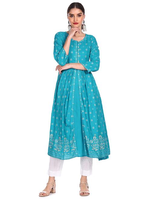 blue printed flared kurta - 18353573 - Very Small Image - 1
