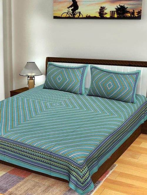 cotton 120 tc turqouise stripes print double bed sheet with 2 pillow covers - 18354353 - Very Small Image - 1