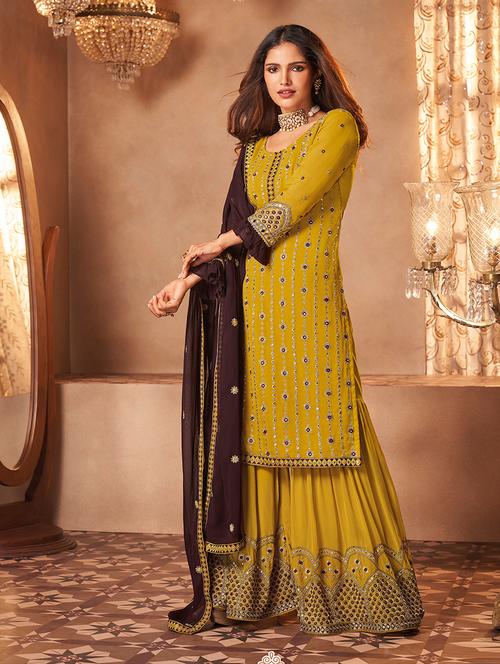 yellow palazzo semi-stitched suit set - 18355061 - Very Small Image - 1