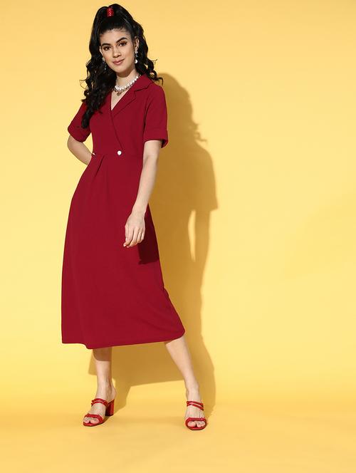 women maroon solid short sleeve a-line dress - 18356999 - Very Small Image - 1