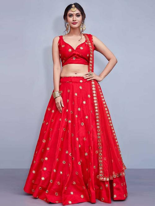 red satin flared lehenga - 18358228 - Very Small Image - 1