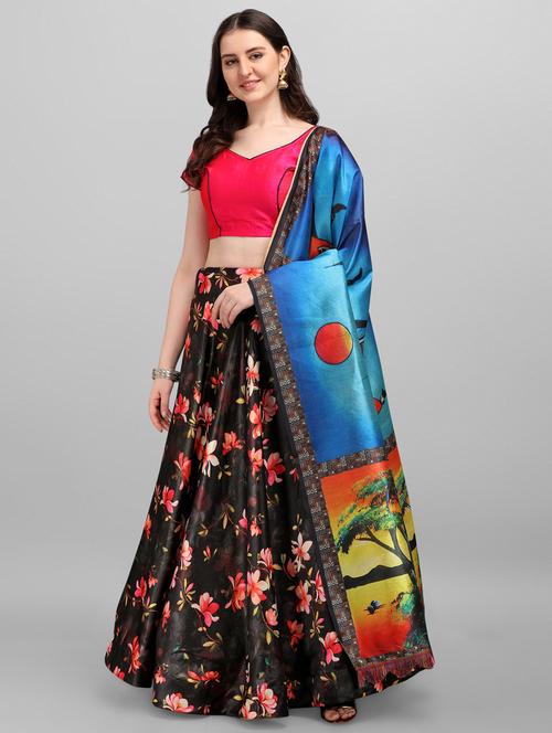 black satin flared lehenga - 18358250 - Very Small Image - 1