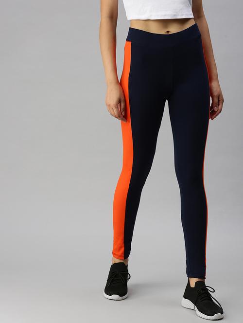 navy blue color block ankle length active wear tights - 18360095 - Very Small Image - 1