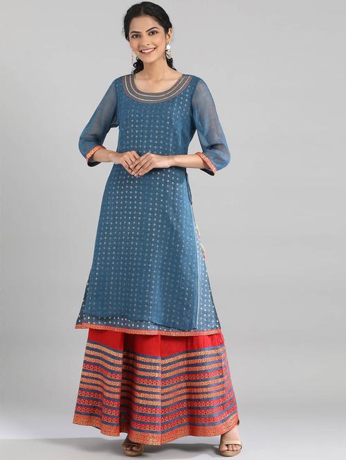 Blue Cotton Blend Kurta Skirt Set - 18360144 - Very Small Image - 1