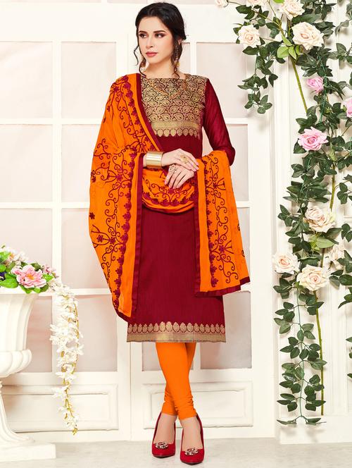 maroon semi-stitched suit set - 18360175 - Very Small Image - 1