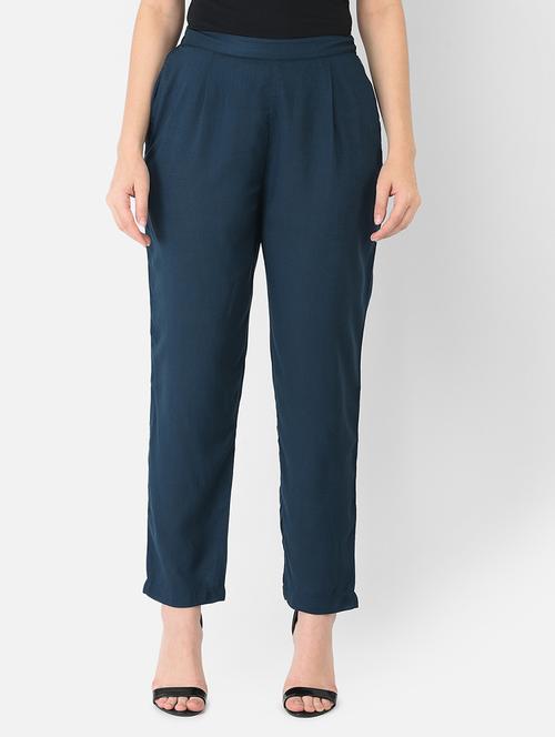 women solid teal blue pleated trouser - 18360226 - Very Small Image - 1