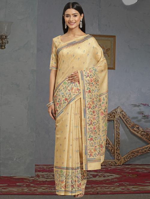 yellow chanderi printed saree with blouse - 18362785 - Very Small Image - 1