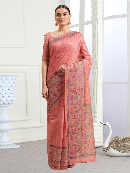 pink chanderi printed saree with blouse - 18362786 - Very Small Image - 1