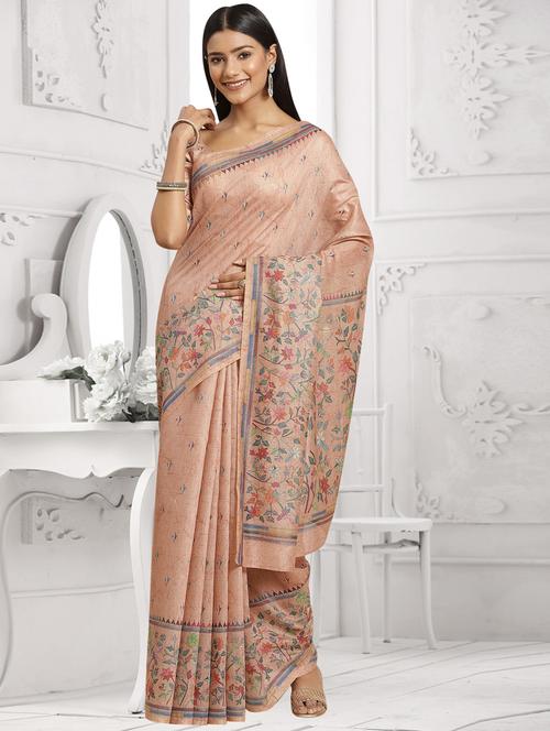 beige chanderi printed saree with blouse - 18362787 - Very Small Image - 1