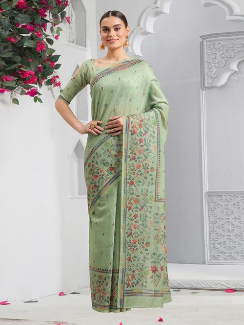 green chanderi printed saree with blouse - 18362788 - Very Small Image - 1