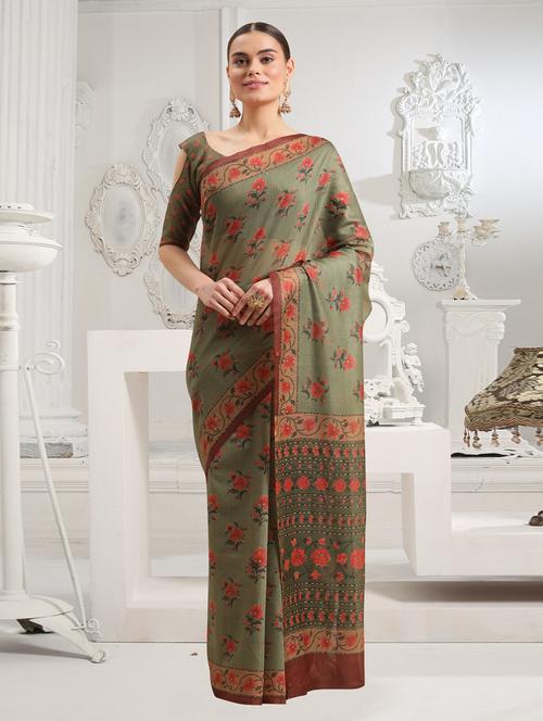 green chanderi printed saree with blouse - 18362790 - Very Small Image - 1
