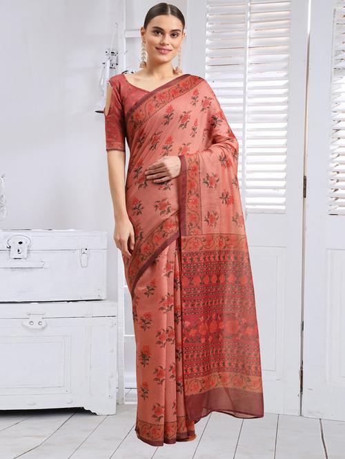 pink chanderi printed saree with blouse - 18362791 - Very Small Image - 1