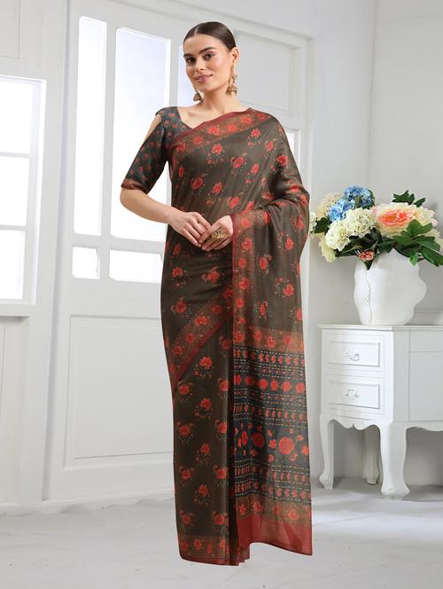 green chanderi printed saree with blouse - 18362792 - Very Small Image - 1