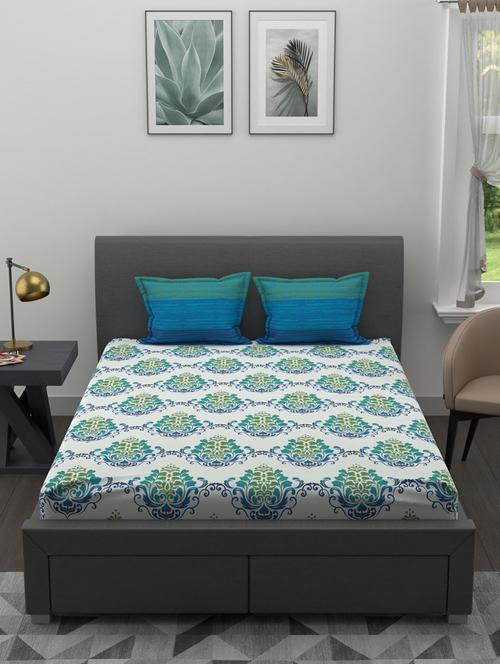 bianca soft 100% natural cotton double bedsheet with 2 pillow covers -3pc set (essenza) floral-green/blue - 18362911 - Very Small Image - 1