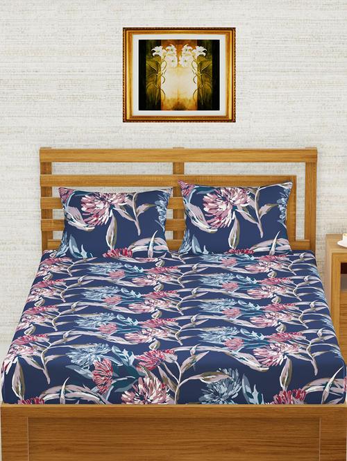 kopa extra smooth micro double bedsheet with 2 pillow covers -3pc set (envogue) floral-navy/peach - 18362919 - Very Small Image - 1