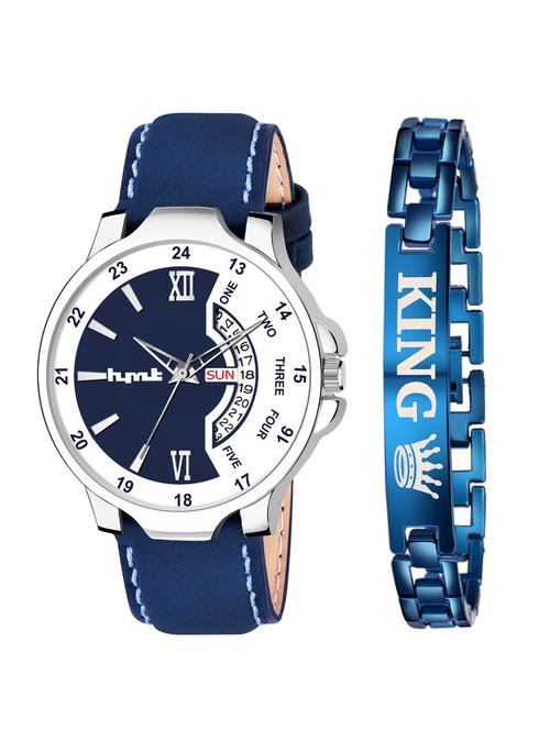 hymt hmty-5601 day & date functioning blue dial + blue leather strap + king bracelet analog watch - for men - 18368979 - Very Small Image - 1
