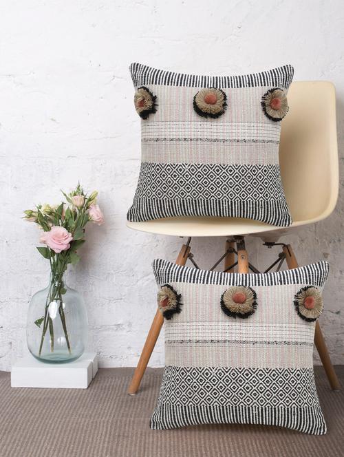 Mezposh Acoustic Cedar & Black Cotton Jacquard Geometric Cushion Cover With Pompoms (14x14in) (set Of 2) - 18369285 - Very Small Image - 1