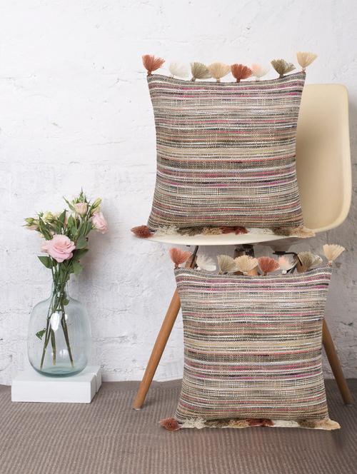 mezposh stave brown & multi cotton acrylic striped cushion cover with tassels (16x16in) (set of 2) - 18369287 - Very Small Image - 1