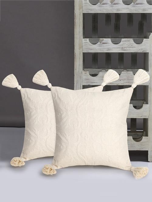 mezposh rasta natural cotton self design tasselled cushion cover (12"x12") (set of 2) - 18369343 - Very Small Image - 1