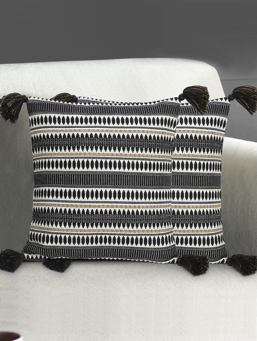 mezposh dazzle black & gold cotton jacquard & acrylic lurex tasselled cushion cover with zari (16"x16") (set of 2) - 18369350 - Very Small Image - 1