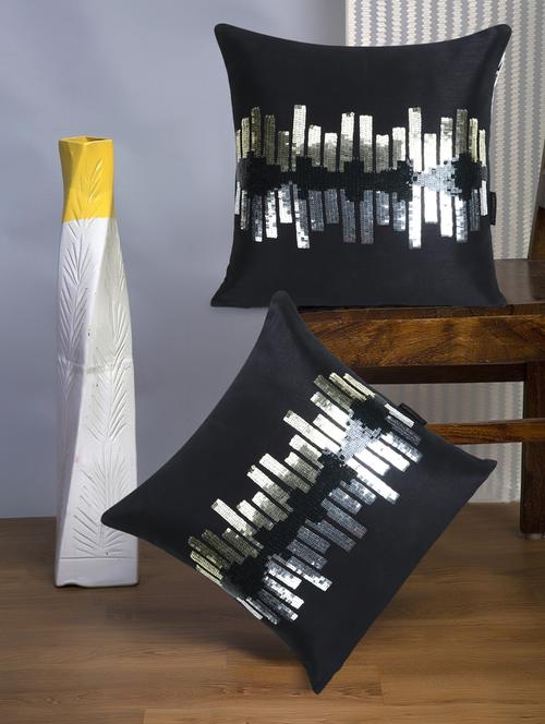 mezposh dazzle black, gold & silver abstract embellished faux silk cushion covers (16"x16")  set of 2 - 18369385 - Very Small Image - 1
