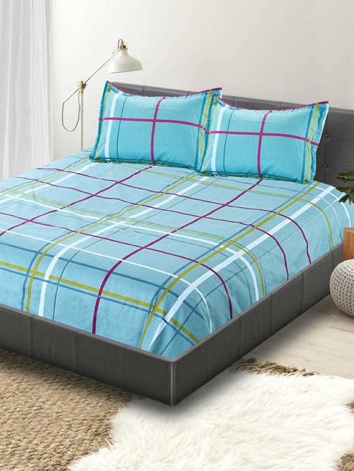 shahi decor green check designer polyester double bedsheet 90x100 inches with 2 pillow covers 17x27 inches ( machine washable ) - 18371088 - Very Small Image - 1