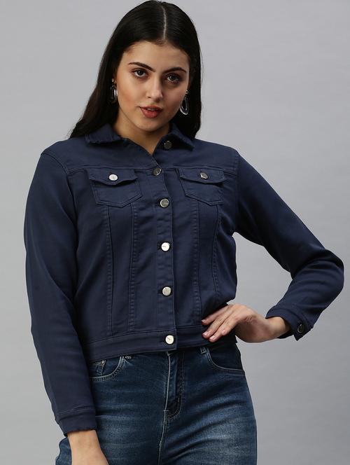 navy blue solid denim summer jacket - 18372259 - Very Small Image - 1