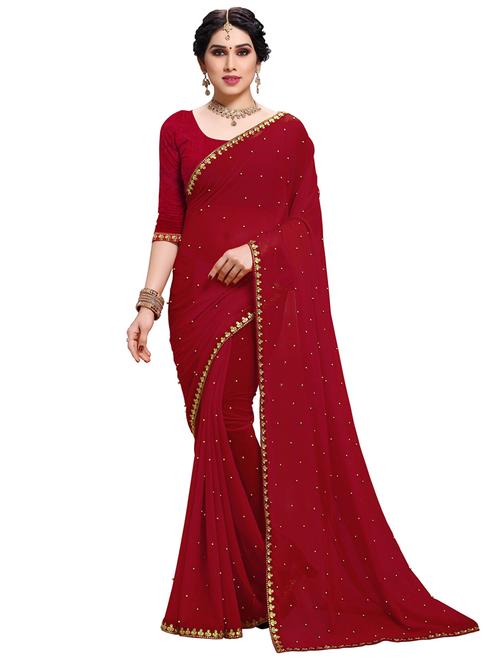 maroon georgette embroidered saree with blouse - 18372446 - Very Small Image - 1