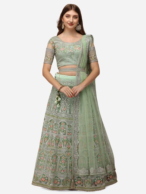 Green Net Flared Lehenga - 18372875 - Very Small Image - 1