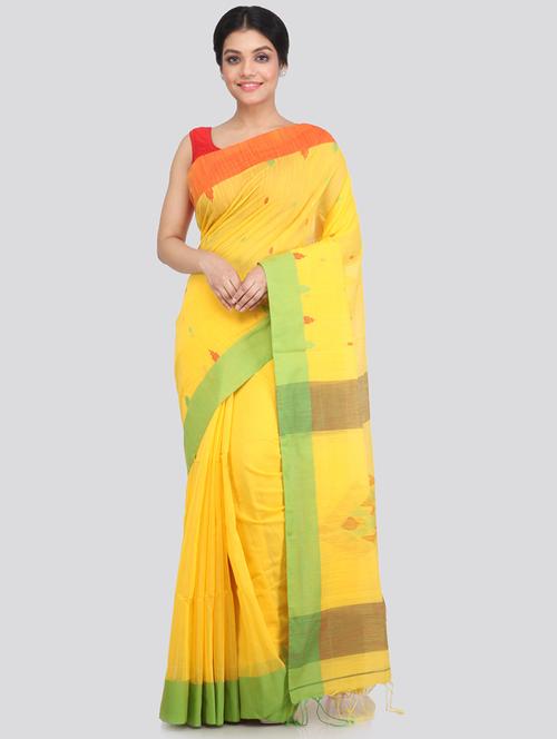 yellow cotton silk handloom saree with blouse - 18373422 - Very Small Image - 1