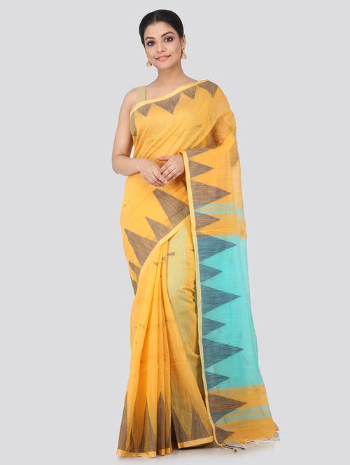 yellow cotton handloom saree with blouse - 18373448 - Very Small Image - 1
