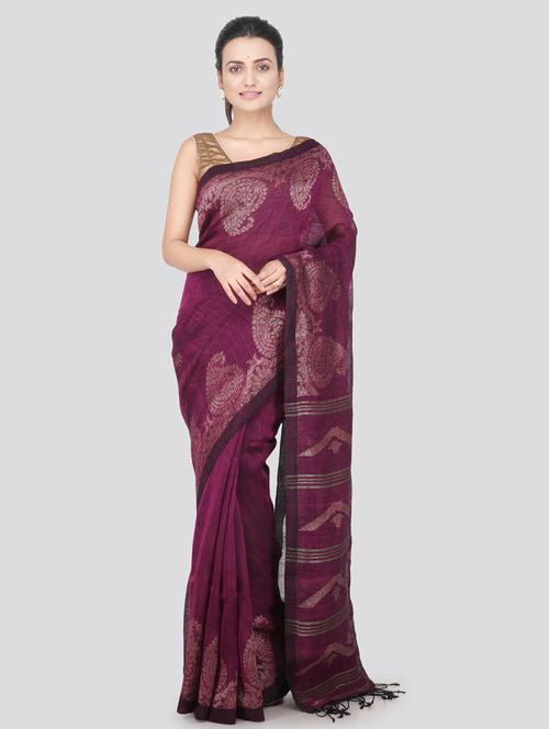 purple linen jamdani saree with blouse - 18373494 - Very Small Image - 1