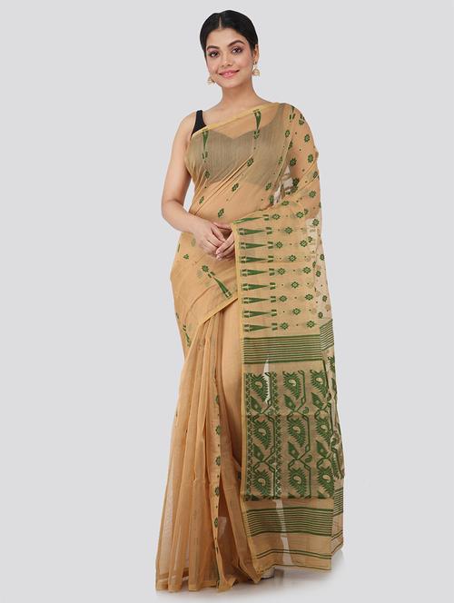 beige cotton blend jamdani saree - 18373540 - Very Small Image - 1