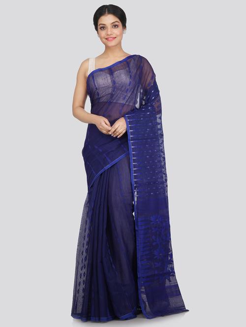 navy cotton blend jamdani saree - 18373546 - Very Small Image - 1