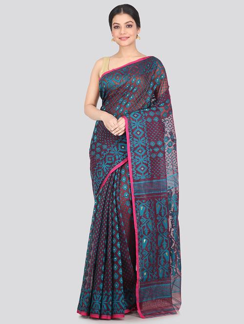 maroon cotton blend jamdani saree - 18373553 - Very Small Image - 1