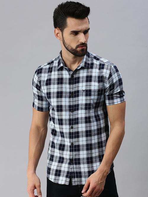 navy blue checkered casual shirt - 18376014 - Very Small Image - 1