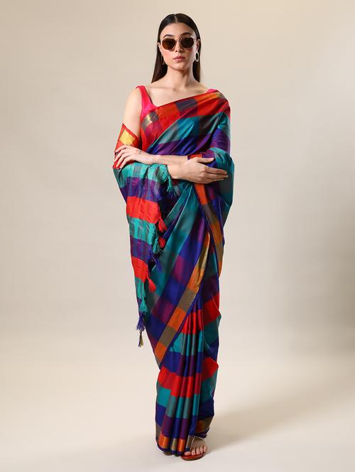 women's checks multi colored saree with blouse - 18376607 - Very Small Image - 1
