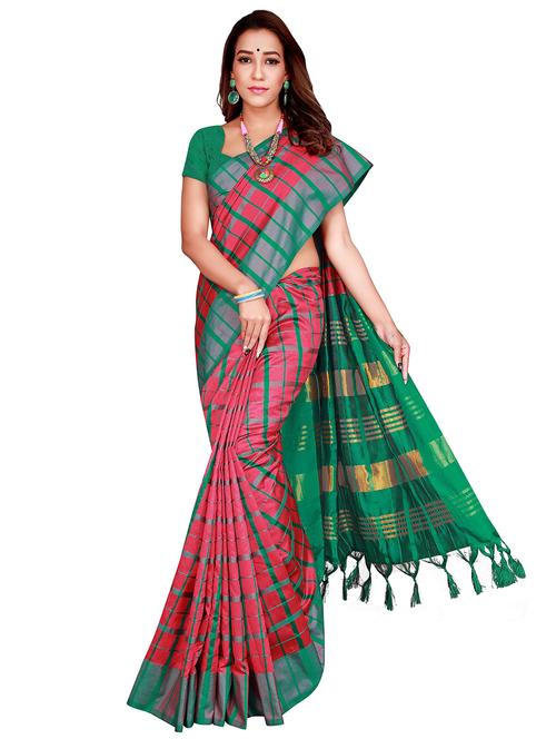 women's checks pink colored saree with blouse - 18376626 - Very Small Image - 1