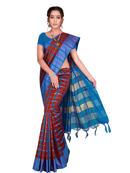 women's checks blue colored saree with blouse - 18376630 - Very Small Image - 1