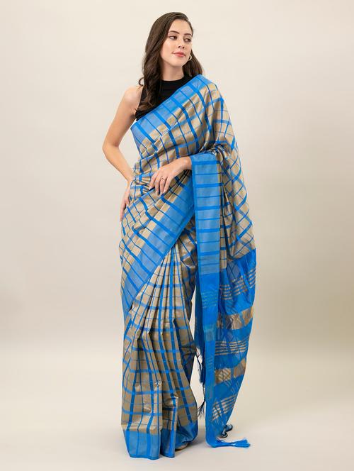 women's checks teal colored saree with blouse - 18376631 - Very Small Image - 1